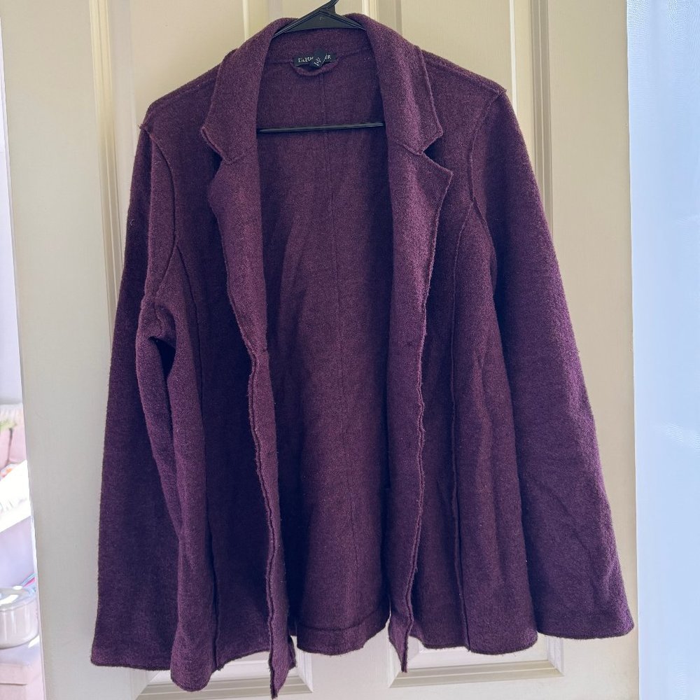 Eileen Fisher Burgundy 100% Merino Wool Cardigan Sweater Blazer